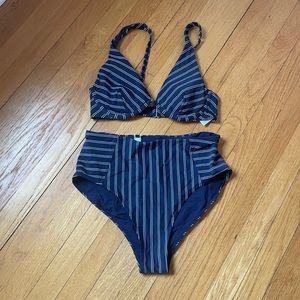 Athleta Navy and White Striped High Waisted Bikini
